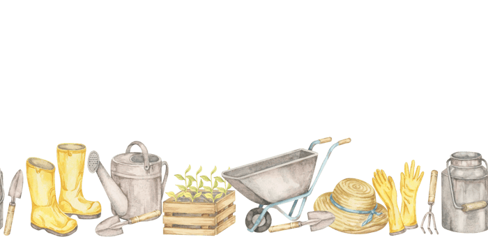 Yellow boots, watering cans, crates, gloves, straw hats, and wheelbarrows in seamless border watercolor clipart. Ideal for product packaging, greeting cards, and eco-friendly branding png