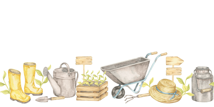 Bright yellow boots, gray cans, straw hats, crates, and wheelbarrows painted in seamless border watercolor illustration. Use for washi tape, sticker sets, blog headers, or labels png