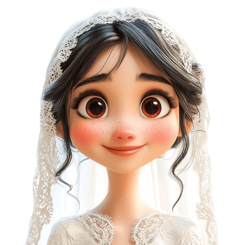 Adorable 3D Woman Character in Wedding Dress with Big Brown Eyes and Blushing Cheeks Isolated on Transparent Background png