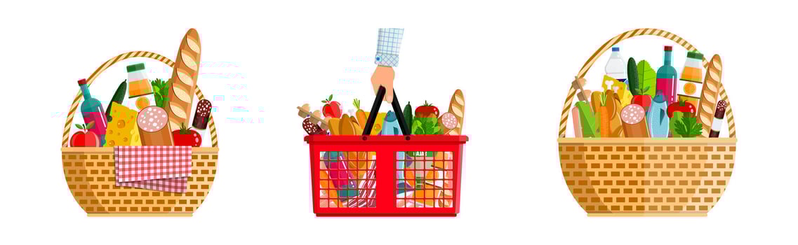 Various grocery baskets filled with food vector