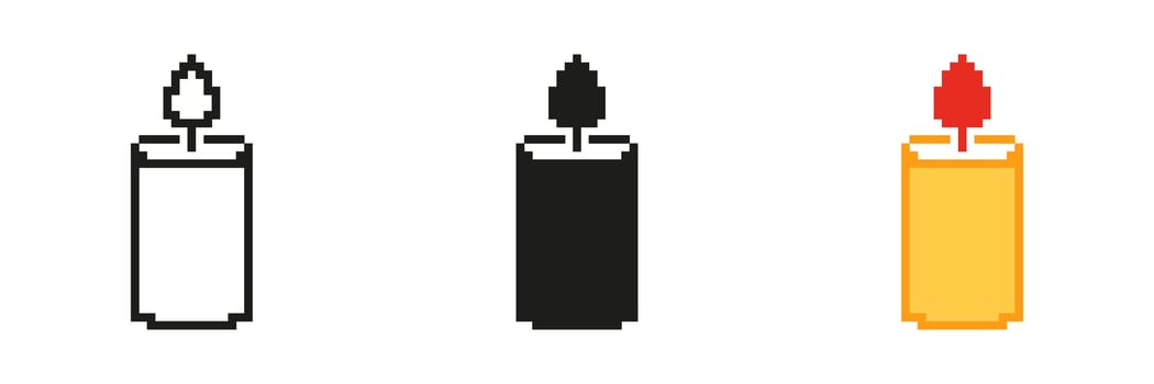 Pixelated Candle Icon Set. Light and Warmth Symbol with Flame in Pixel Art Style. Light, Flame, and Peaceful Glow. Isolated Illustration vector
