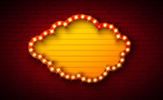 Retro Signboard Lightbox Banner Design with Glowing Light Bulb Frame Billboard on Vintage Brick Wall Background. Customizable Cloud Shape Marquee Sign Illustration for Casino Advertising vector
