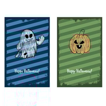 Cute Ghost and Pumpkin Halloween Card with grunge Background. Vertical blue and green banner. vector