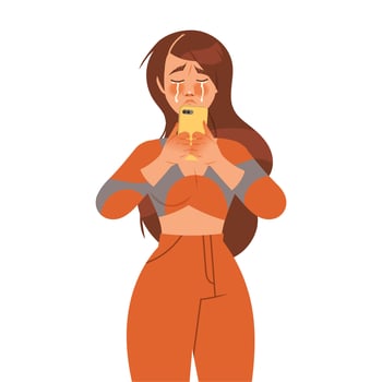 Woman Character with Smartphone Crying, Weeping and Sobbing from Sorrow and Grief Feeling Sad and Upset Illustration vector