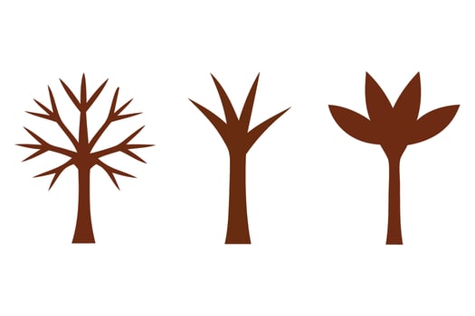 Three stylized brown trees with bare branches and one with leaves vector