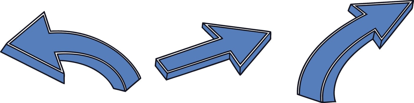 Three blue arrows pointing in different directions with dotted outlines vector