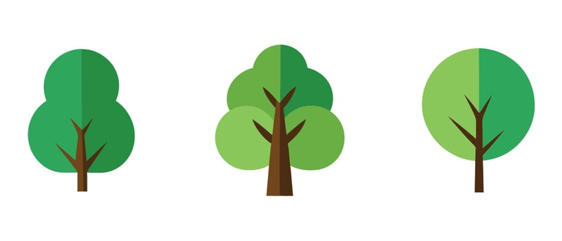 Three stylized green trees with brown trunks in a flat design style vector