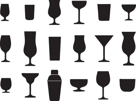 Collection of black silhouettes of various cocktail glasses and barware vector