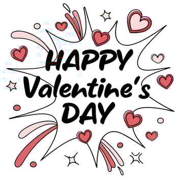 Happy valentine s day handwritten text with hearts and abstract shapes vector