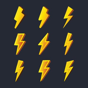 Collection of nine bright yellow lightning bolt icons on a dark background vector