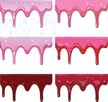 Collection of dripping pink and red liquid paint or frosting vector