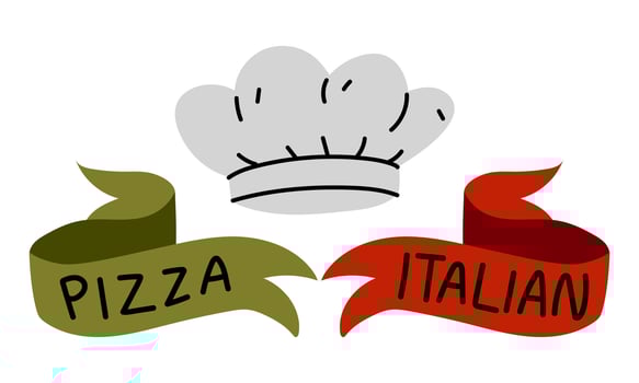 Ribbons in the colors of Italian flag, the inscription PIZZA ITALIAN, chef's hat. Two separate ribbons. Green, white, red. flat color illustration with doodle lines. Marketing for an Italian pizzeria vector