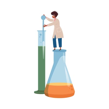 Woman Scientist Standing on Huge Glass Flask Conducting Scientific Research Illustration vector