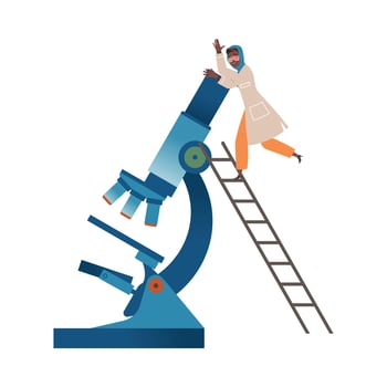 African American Woman Scientist with Huge Microscope Climbing Ladder Conducting Scientific Research Illustration vector