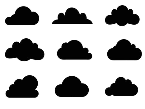 Collection of nine different black cloud silhouettes on a white background vector