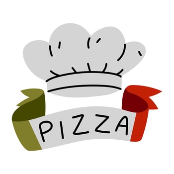 Ribbon with Italian flag colors, centered PIZZA lettering, chef's hat. Ribbon with curved edges. Green, white, red. Flat color illustration with doodle lines. Italian pizzeria marketing vector