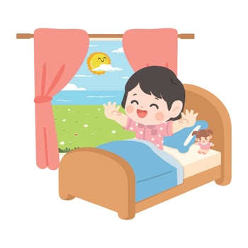 Happy child waking up in bed vector
