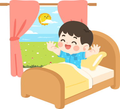 A boy is sitting in bed with his arms up png