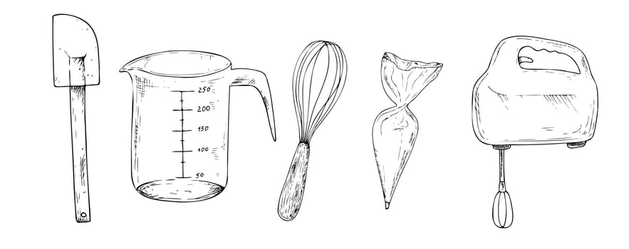 kitchen utensils set. Pastry bag, measuring cup, whisk, spatula, hand mixer. Graphic ink Plastic kitchen tool illustration isolated on background. Hand drawn line sketch. For designers, prints vector