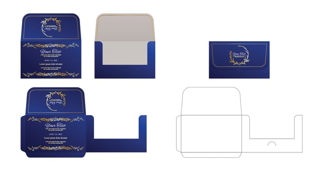Blue Luxury Business Card or Wedding Card sleeve die cut and mock up template. Envelopes mockup front and back view vector