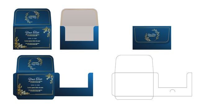 Blue Luxury Business Card or Wedding Card sleeve die cut and mock up template. Envelopes mockup front and back view. vector