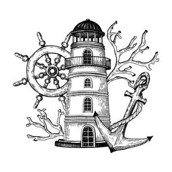 Black and white illustration features a nautical theme with a central lighthouse, a ships steering wheel, an anchor wrapped in rope, coral branches. The detailed line art. Hand drawn graphic sketch vector
