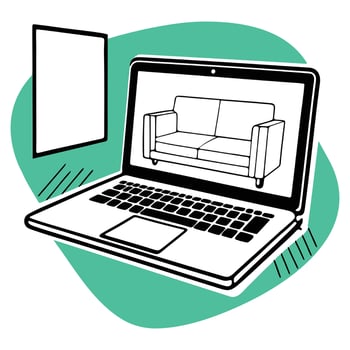 Modern laptop displaying sofa design in stylish home interior concept art vector