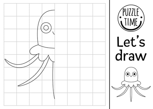 Complete the jellyfish. ocean kingdom symmetrical drawing practice worksheet. Marine printable black and white activity for kids. Copy the picture coloring page with water animal vector