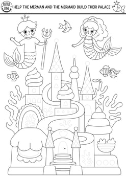 Trace the mermaid castle. ocean kingdom drawing practice worksheet. Printable black and white activity for kids. Fairytale coloring page with sea princess house. Decorate underwater palace vector