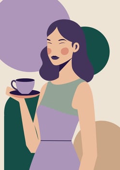 Minimalist illustration of an Asian woman holding a cup and saucer, designed with clean geometric shapes and flat modern style. vector