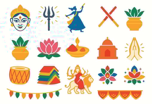 Navaratri Festival Symbols with Traditional Hindu Icons and Motifs vector