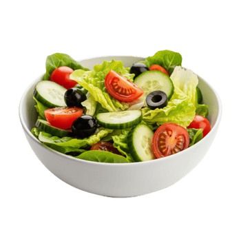 Bowl of mixed vegetable salad with tomatoes, cucumbers, olives, and lettuce, isolated background png