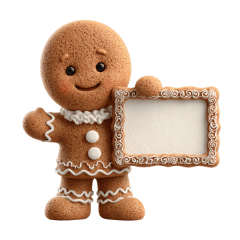 Cheerful Gingerbread Man Holding Blank Sign for Holiday Greetings png