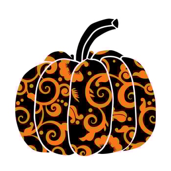 Decorative black pumpkin with orange abstract pattern. Flat design for autumn harvest, Halloween, Thanksgiving, and seasonal festive projects. vector