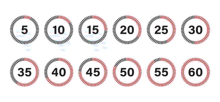 stopwatch icons set flat style 10 15 20 30 40 45 50 55 60 minutes vector