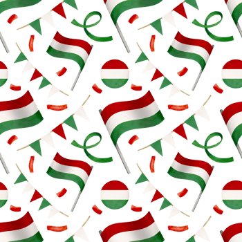 Seamless pattern. Holiday set in watercolor style with Hungarian symbols. National Hungary flag stick, holiday garlands and confetti png