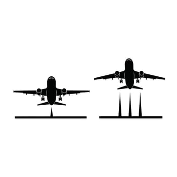 Dramatic Black and White Airplane Silhouette Landing and Taking Off on Runway, Airport Scene, Travel Illustration vector