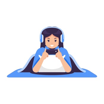 Girl gaming under a blanket with headphones vector