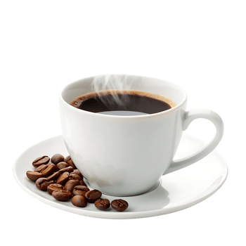 Hot Coffee Cup with Saucer and Coffee Beans Steam Rising Isolated png