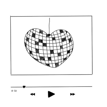 Disco ball heart shape cover play list, player interface hand drawn doodle illustration. Love music, romantic simple icon. vector