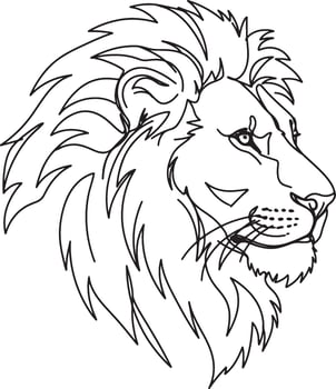 Majestic Lion Head Profile, Serene Line Art Drawing, Elegant Wildlife Illustration, Peaceful African Animal Portrait vector