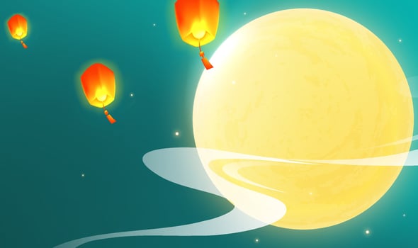 Lanterns floating under a bright moon vector