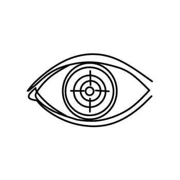 Minimalist line art of an eye with a target in the pupil. Symbolizing focus, vision, precision, surveillance, targeting, accuracy, and visual identity. vector