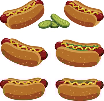 Delicious Hot Dogs with Mustard and Pickles A Collection of Appetising Food Illustrations - Professional digital artwork with vibrant colors and detailed composition vector
