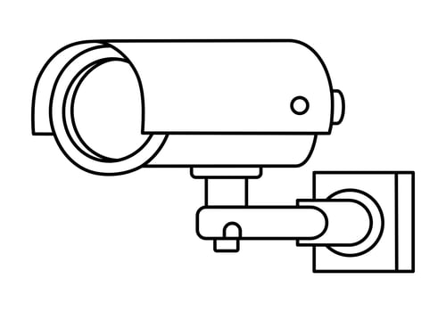 Hand drawn cute outline illustration of security camera. Flat outdoor optical cctv line art sticker doodle. Surveillance system icon. Spy or track cam. Maintaining law and order. Isolated vector