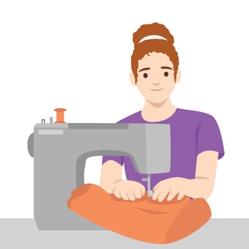 Woman sewing fabric with a sewing machine, perfect for tailoring and handmade clothing concepts. vector