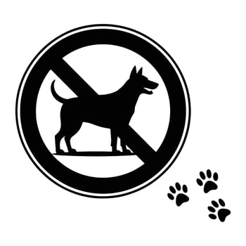 Black dog silhouette within a prohibition circle with paw prints sign symbol vector