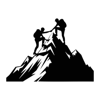 Climbers helping each other ascend a rocky mountain peak climbing mountaineering vector