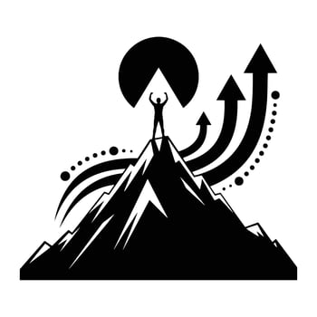 Silhouette of person on mountain peak with upward arrows and circles summit vector