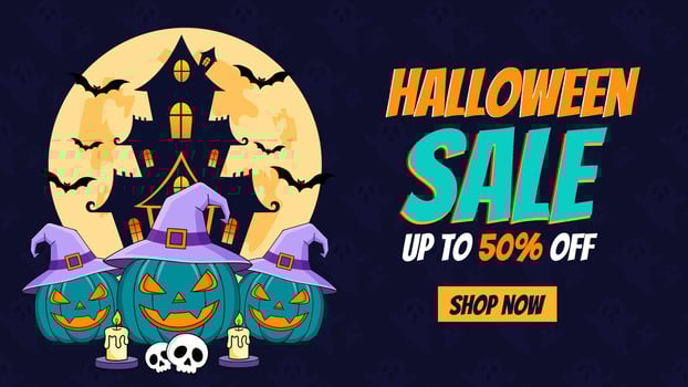 Halloween sale with pumpkins and haunted house vector